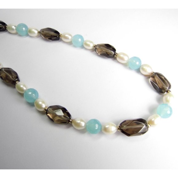 14KY Chalcedony Pearl Smoky Quartz Gold NECKLACE - Picture 3 of 11